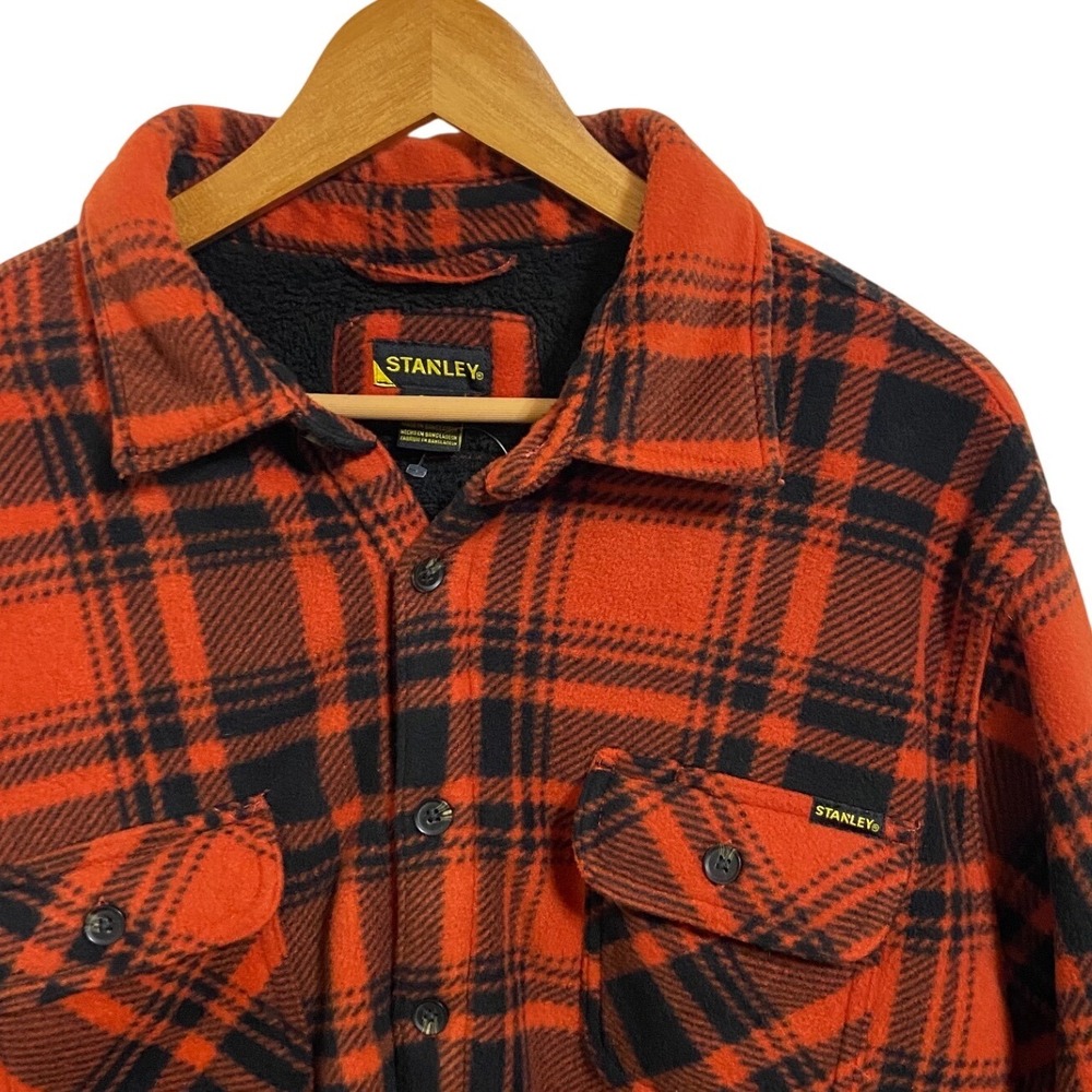 Stanley Men's 2XL Fleece Shirt Jacket Orange Black Plaid Sherpa Lined‎ Workwear